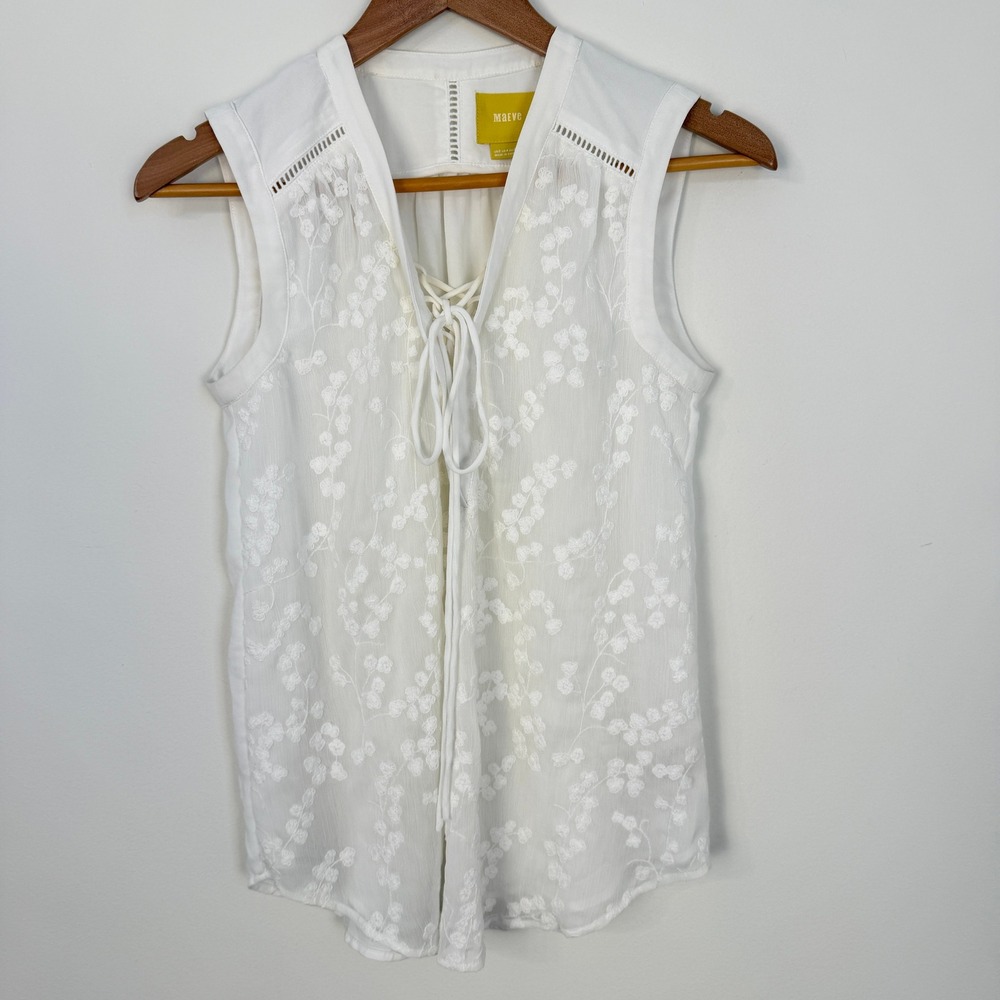Maeve Anthropologie Embroidered Tie Front Blouse Women 0 White Boho Sleeveless